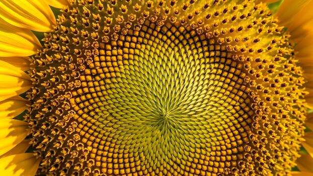 Closeup view of a sunflower head showing its intricate Fibonacci spiral pattern. photo