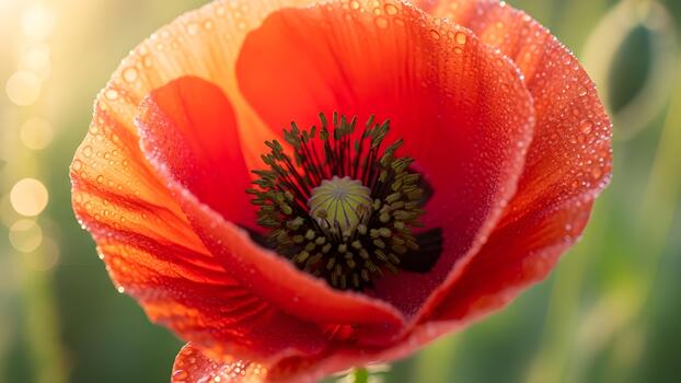 Close up of a red poppy flower covered in dew drops with a green background and bokeh lights. photo
