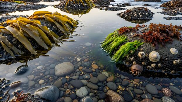 An intricate ecosystem of a lowtide pool with various seaweeds shells and smooth stones. photo