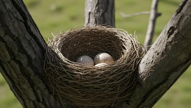 A birds nest with speckled eggs rests in the branches of a tree. photo