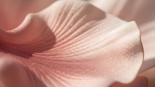 A closeup view of delicate pink fabric with shimmering texture and gentle folds highlighted by soft light. photo