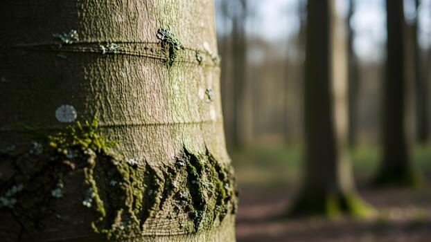 Sunlight illuminates the textured bark of a tree with moss in a blurred forest background. photo
