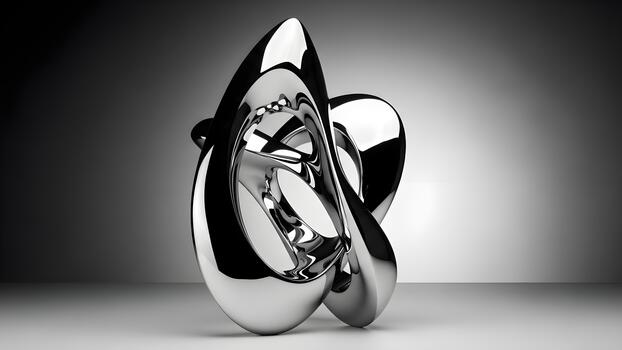 A sleek shiny metallic abstract sculpture with complex fluid curves stands elegantly in a studio setting. photo