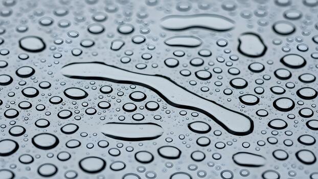 Numerous sparkling water droplets and trails create an abstract pattern on a smooth surface. photo