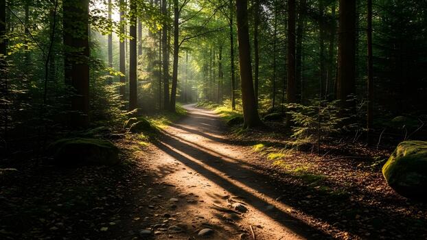 A path winds through a dense forest with sunlight filtering through the trees. photo