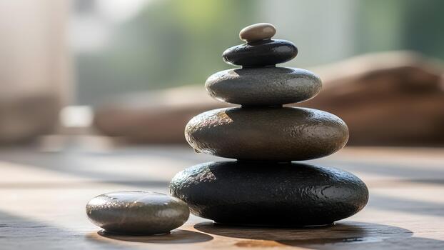 A stack of balanced smooth stones resting on a wooden surface with soft focus background. photo