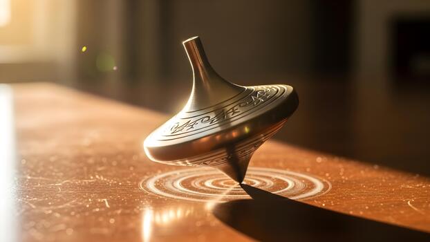 un hilado parte superior descansa en un de madera mesa creando concéntrico círculos en el superficie. foto