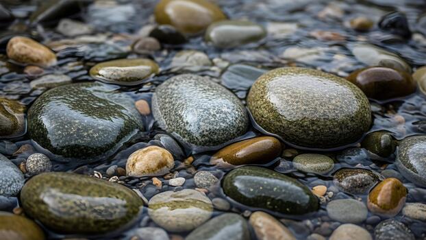 Smooth wet river stones in clear flowing water create a natural abstract pattern. photo