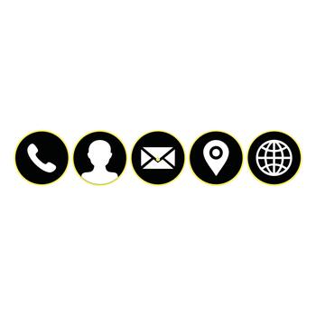 Business icon set for company details featuring name, phone, mobile, location, address pin, email, website, and message icons in black and white, clean style vector