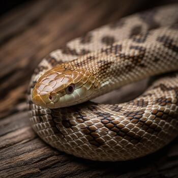 Close-up of a coiled snake with intricate scale patterns on wood. photo