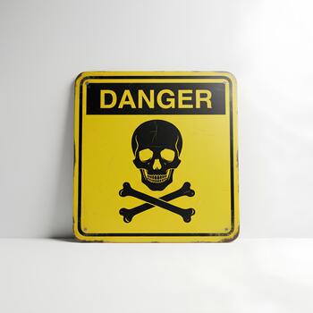Yellow rectangular sign with a black skull and crossbones illustration. photo