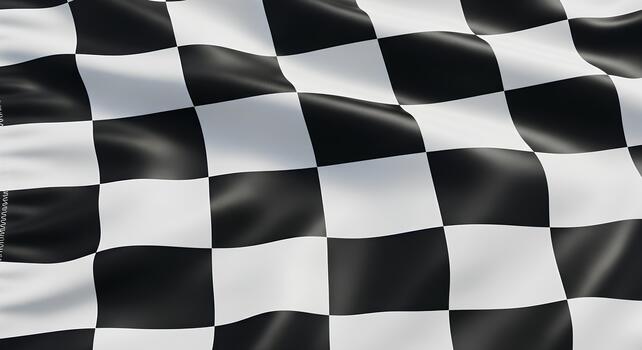 Black and white checkered flag waving, with a pattern of alternating squares. photo