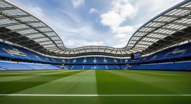Modern stadium featuring an expansive, well-maintained grass field, surrounded by rows of blue seating. photo
