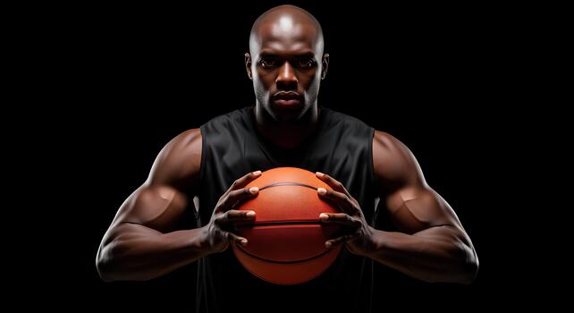 A muscular man stands in a powerful pose against a black background. photo