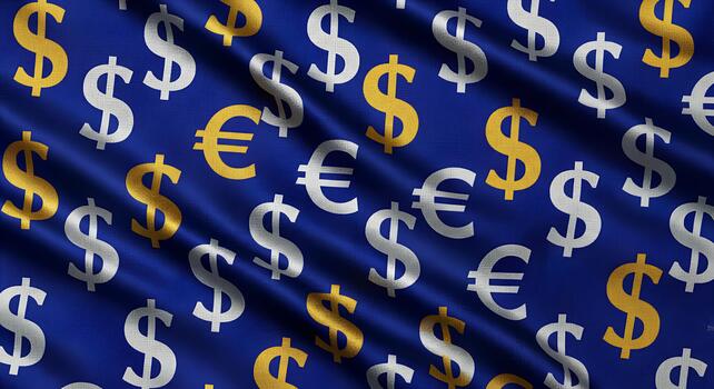 A fabric pattern features alternating white dollar signs and yellow euro symbols on a blue background. photo