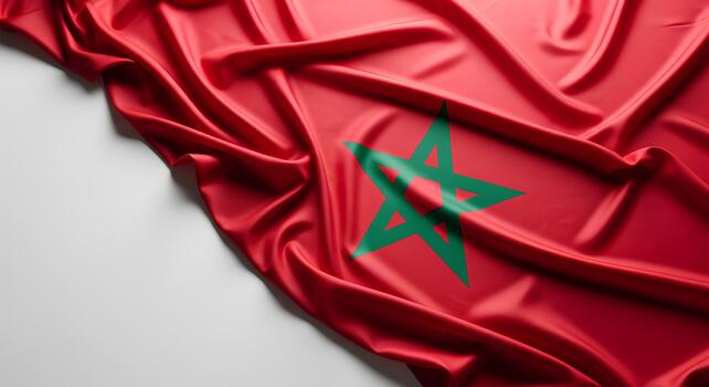 Red fabric featuring the flag of Morocco, with a prominent green five-pointed star and interlaced borders. photo