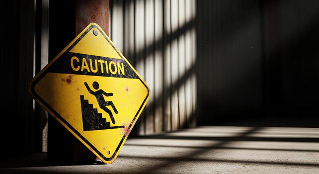 A yellow caution sign with a black image and text is prominently displayed. The sign depicts a figure slipping down stairs. photo