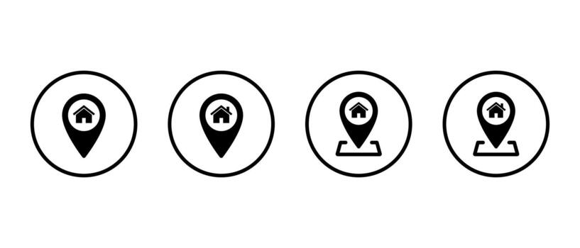 Home location pin icon set in circular outline. Real estate, house address, and property map symbol vector