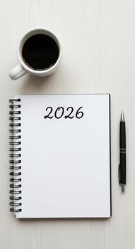 Notebook with numbers 2026 on first blank page. New phase of life or New Year's list of resolutions, to-do list. Vertical mockup photo