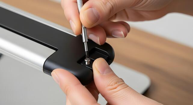 Detailed close-up of hands meticulously assembling a modern electronic device with a precision screwdriver, showcasing careful installation or repair of technology equipment photo