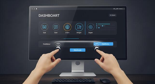 Professional hands engaging with a cutting-edge business intelligence dashboard on a desktop monitor, symbolizing efficient data analysis and interactive digital management solutions photo