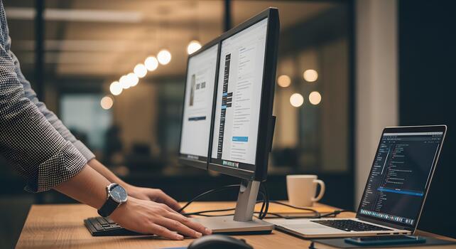 Hands typing on a laptop and desktop computer with two monitors in a modern office environment, showcasing a work or coding setup photo