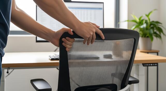 Hands adjusting a modern ergonomic mesh office chair at a height-adjustable desk, creating a comfortable and productive workspace for efficiency and well-being in a contemporary setting photo