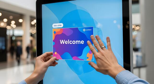 Interactive digital screen displaying a vibrant 'Welcome' message, showcasing modern user engagement technology in a contemporary commercial environment with human hands interacting with the display photo