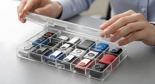 Efficient Data Organization Hands Open a Clear Storage Box Displaying an Array of USB Flash Drives, Crucial for Secure Information Management and Business Productivity photo