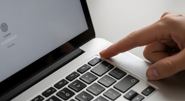 Securely powering on a modern laptop with a fingerprint sensor for enhanced data protection and seamless biometric authentication in a professional setting photo