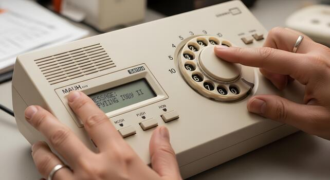 Close-up of hands operating a vintage communication device with a rotary dial and digital display, conveying a message from a bygone era of office and personal connection photo