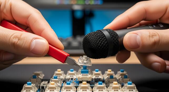 Close-up of hands working on custom mechanical keyboard with microphone photo