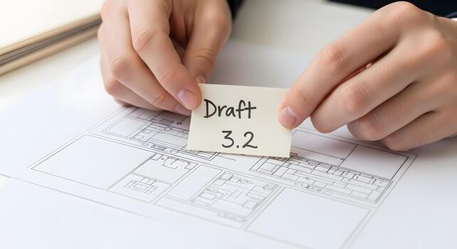 Professional hands mark architectural blueprints with a 'Draft 3.2' note, signifying meticulous revision, strategic planning, and iterative development for a business project's progress photo