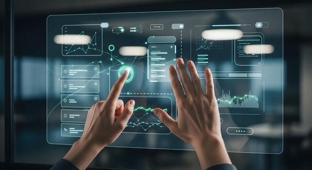 Interactive Digital Interface Hands Interacting with Data Visualization and Analysis photo