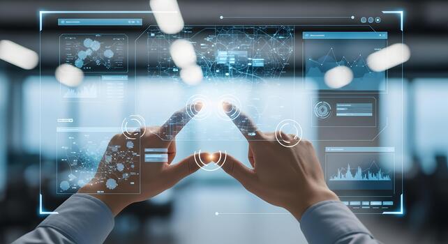 Hands Interacting with Futuristic Digital Interface Displaying Data and Visualizations photo