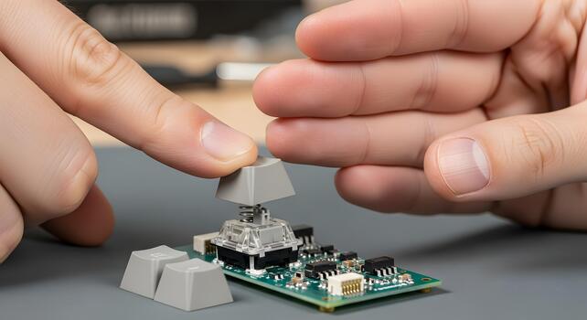 Close-up of a person's hands assembling a mechanical keyboard, showcasing the intricate details of the components and electronics involved in building custom peripherals photo