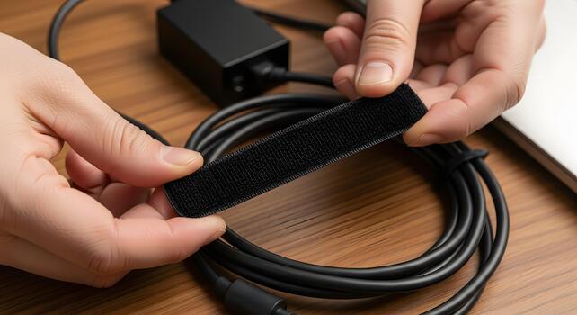 Hands demonstrating a reusable fastener for cable organization, promoting a neat and efficient workspace essential for enhanced productivity in any professional setting photo