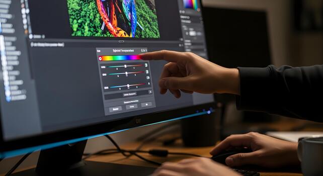 Editing with Color A Person Fine-Tuning Image Settings on a Computer Display photo