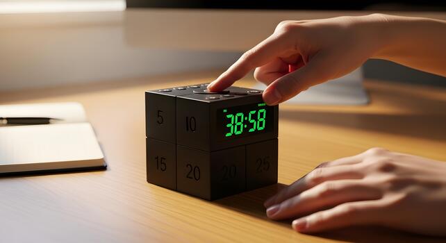 Focused individual setting a modern digital cube timer on a desk, emphasizing efficient time management and productivity in a work or study environment photo