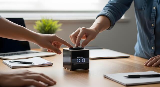 Hands turning a dial on a digital clock placed on a wooden desk, symbolizing time management and productivity in a business setting photo