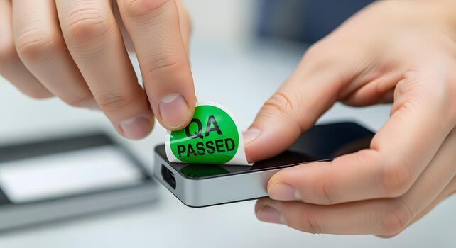 Hands meticulously applying a green 'QA PASSED' sticker to a sleek electronic device, signifying successful quality control testing and product approval process photo