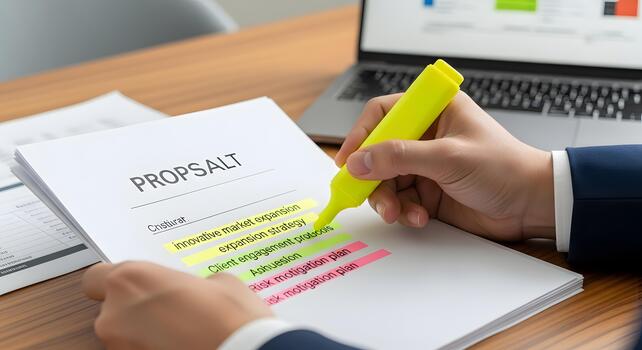 Professional highlights key strategies in business proposal, outlining market expansion, client engagement, and risk mitigation for successful project implementation and growth photo