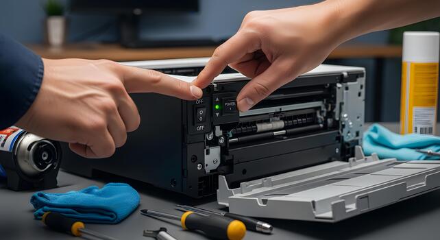 Skilled technician's hands troubleshoot and perform maintenance on a modern office printer, ensuring optimal performance and resolving technical issues in a professional workspace setting photo