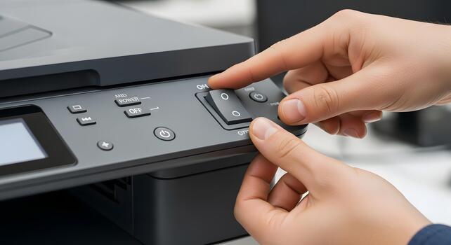 Close-up of human hands adjusting settings on a modern office multi-function printer, highlighting efficient document management and technology operation in a contemporary workspace photo