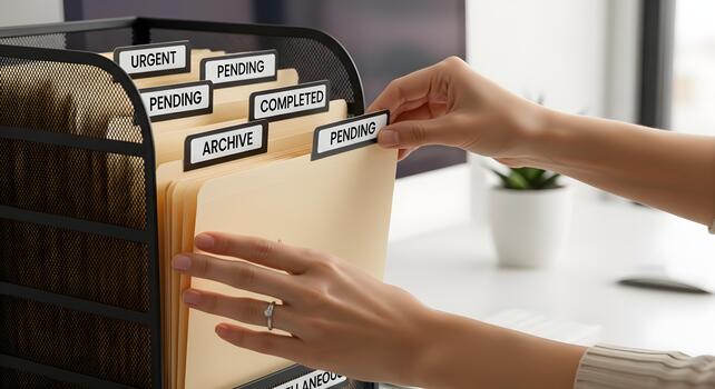 Woman's hands organizing business documents in a file organizer with 'URGENT', 'PENDING', 'ARCHIVE', and 'COMPLETED' labels, showcasing efficient administrative workflow photo