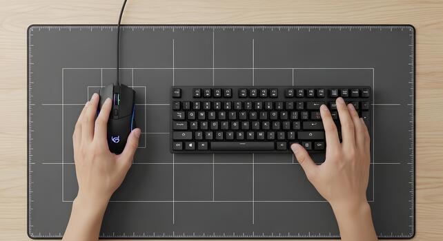 Overhead view of hands using a computer keyboard and mouse on a desk mat, modern workspace setup photo