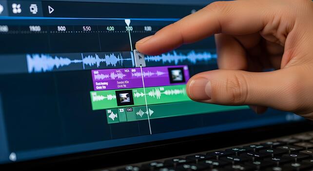Editing using digital nonlinear software timeline interface on laptop screen photo