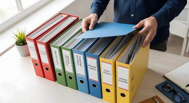 Organization and Efficiency A Person Arranging Folders in a Filing Cabinet for Optimal Workflow photo