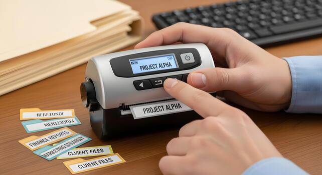 Person's hands operating a handheld label maker to create custom labels for organization and business document management photo