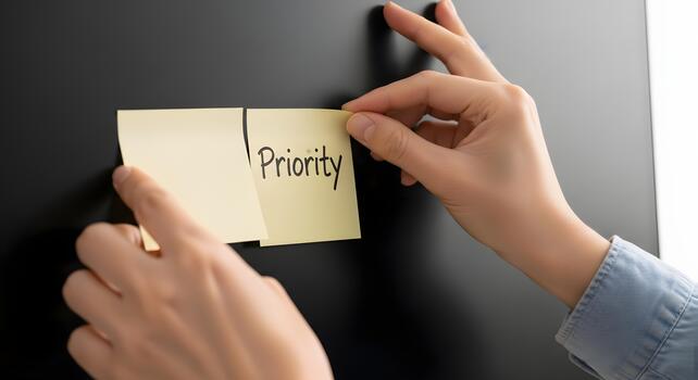 Prioritizing Tasks Hands arranging sticky notes on a dark background, the word priority photo